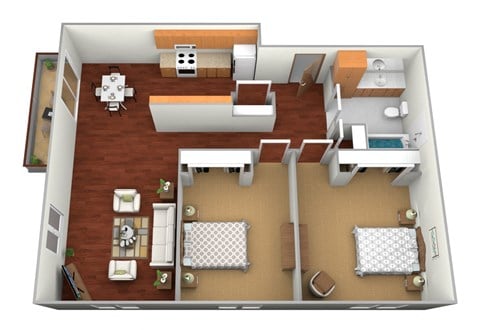Floor plan for 2 beds, 1 bath, 984 sqft